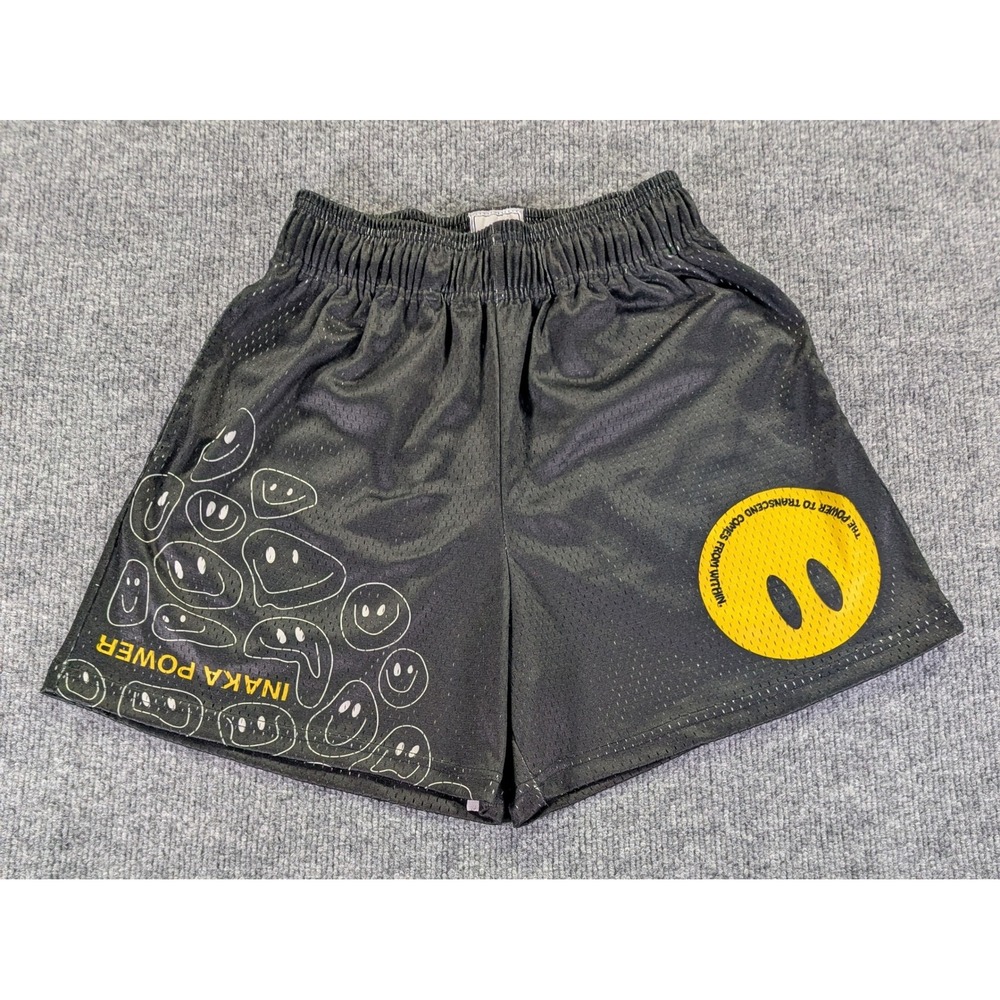 Inaka Power Mens Black Mesh Smiley Face Gym Shorts Small Smiley Graphic